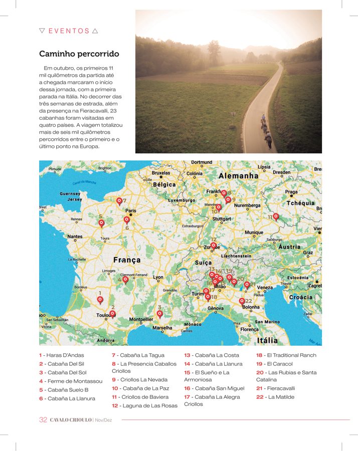 Página com o mapa do trajeto na Europa e a lista das cabanhas visitadas.